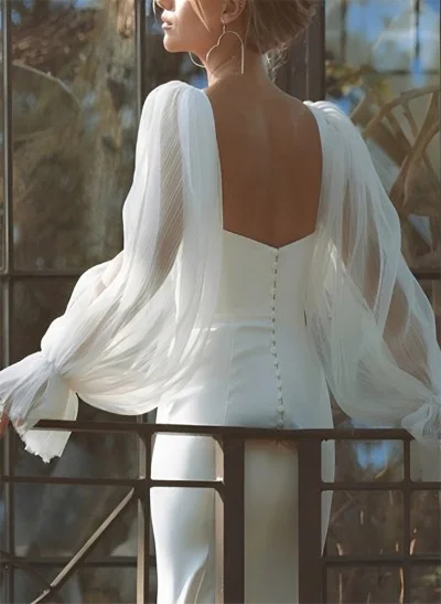 Sheath/Column V-Neck Detachable Sleeves Chapel Train Crepe Satin Wedding Dresses