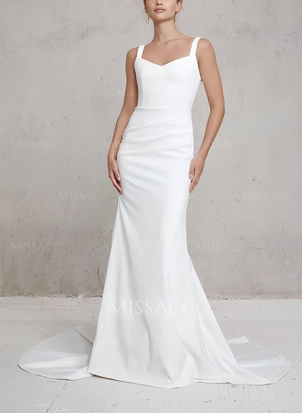 Sheath/Column V-Neck Detachable Sleeves Court Train Satin Wedding Dresses