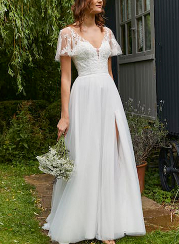 A-Line V-Neck Lace(Non-Stretch)/Tulle(Non-Stretch) Wedding Dress With High Split