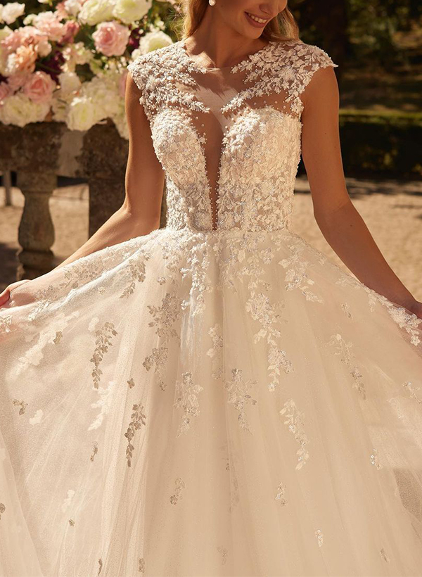 A-Line Illusion Tulle(Non-Stretch) Wedding Dress With Appliques Lace