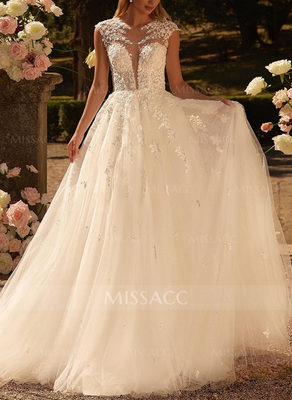 A-Line Illusion Tulle(Non-Stretch) Wedding Dress With Appliques Lace