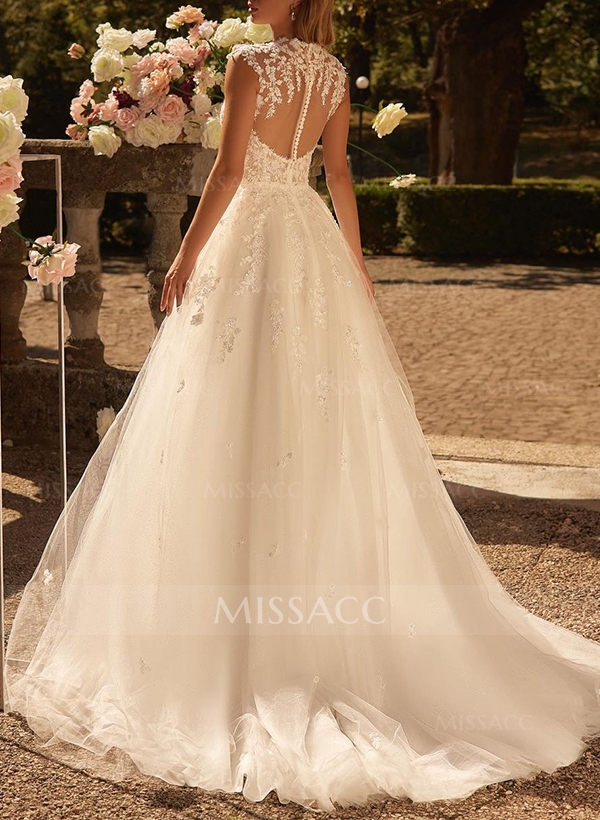 A-Line Illusion Tulle(Non-Stretch) Wedding Dress With Appliques Lace