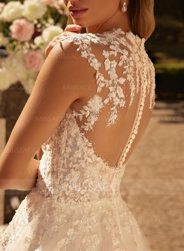 A-Line Illusion Tulle(Non-Stretch) Wedding Dress With Appliques Lace