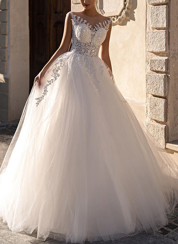 A-Line Illusion Neck Sleeveless Tulle(Non-Stretch) Wedding Dress With Appliques Lace