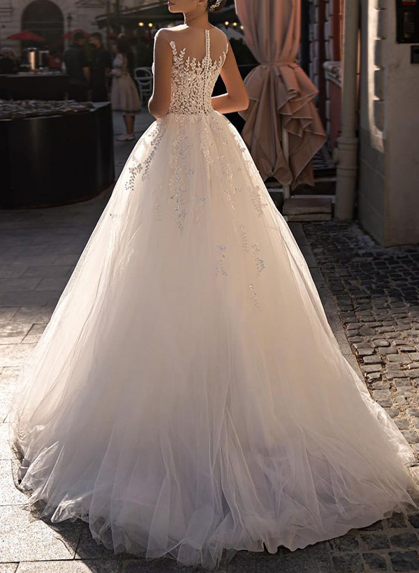 A-Line Illusion Neck Sleeveless Tulle(Non-Stretch) Wedding Dress With Appliques Lace