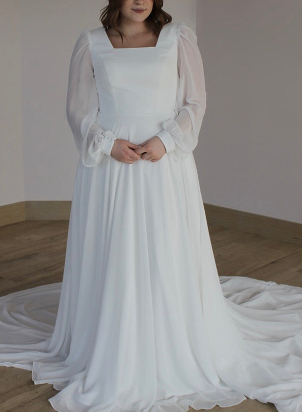 A-Line Square Neckline Chiffon(Non-Stretch) Plus Size Wedding Dress