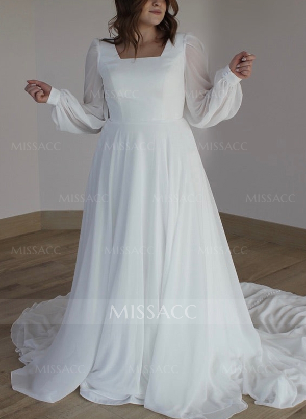 A-Line Square Neckline Chiffon(Non-Stretch) Plus Size Wedding Dress