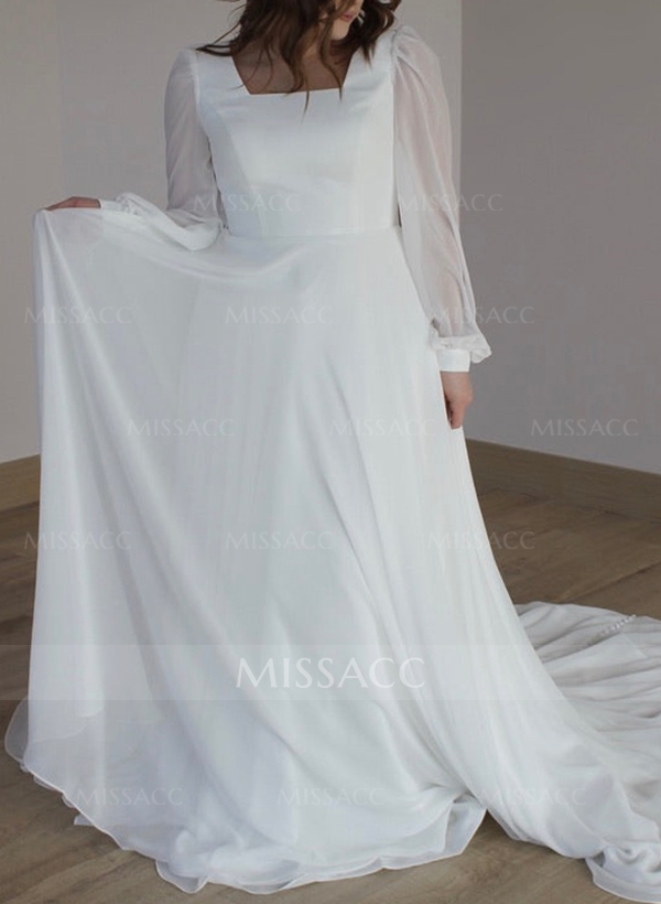 A-Line Square Neckline Chiffon(Non-Stretch) Plus Size Wedding Dress