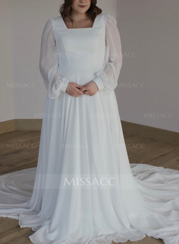 A-Line Square Neckline Chiffon(Non-Stretch) Plus Size Wedding Dress