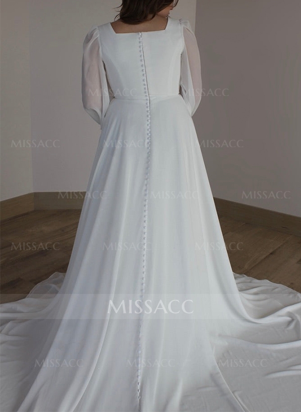 A-Line Square Neckline Chiffon(Non-Stretch) Plus Size Wedding Dress