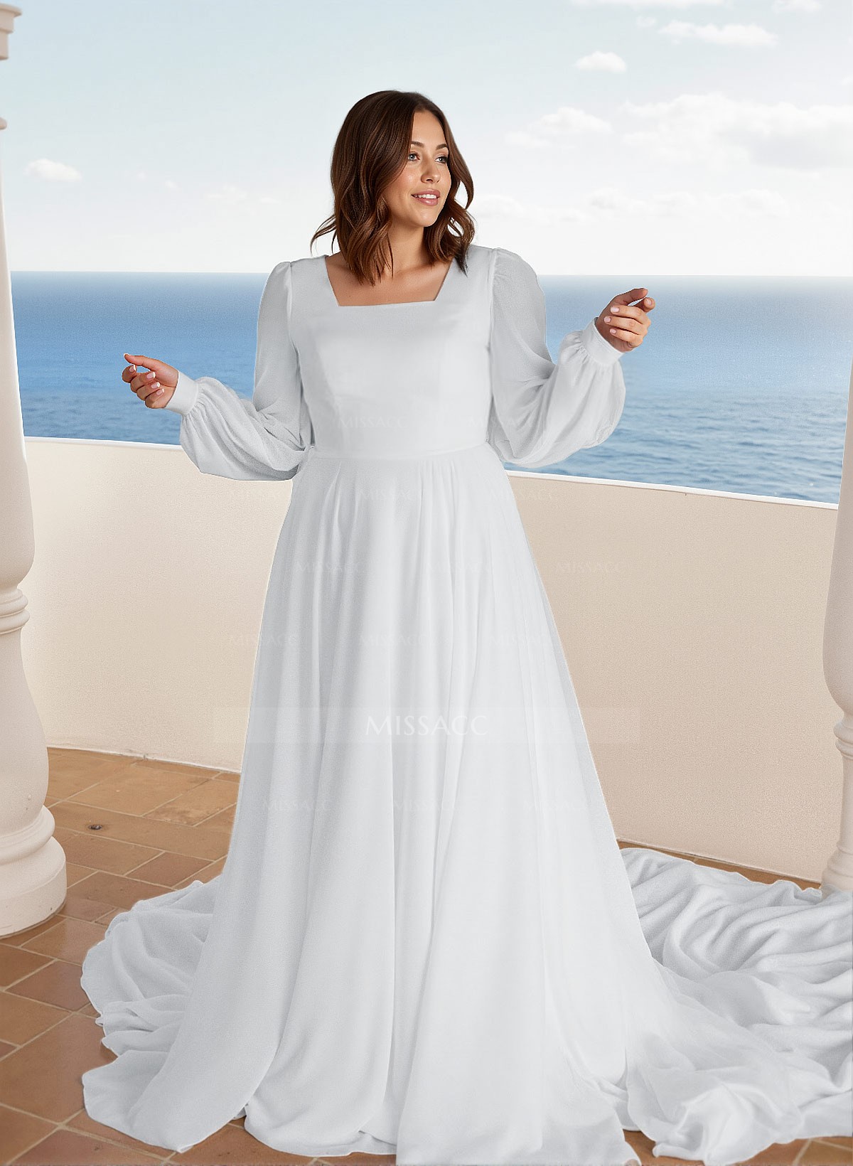 A-Line Square Neckline Chiffon(Non-Stretch) Plus Size Wedding Dress