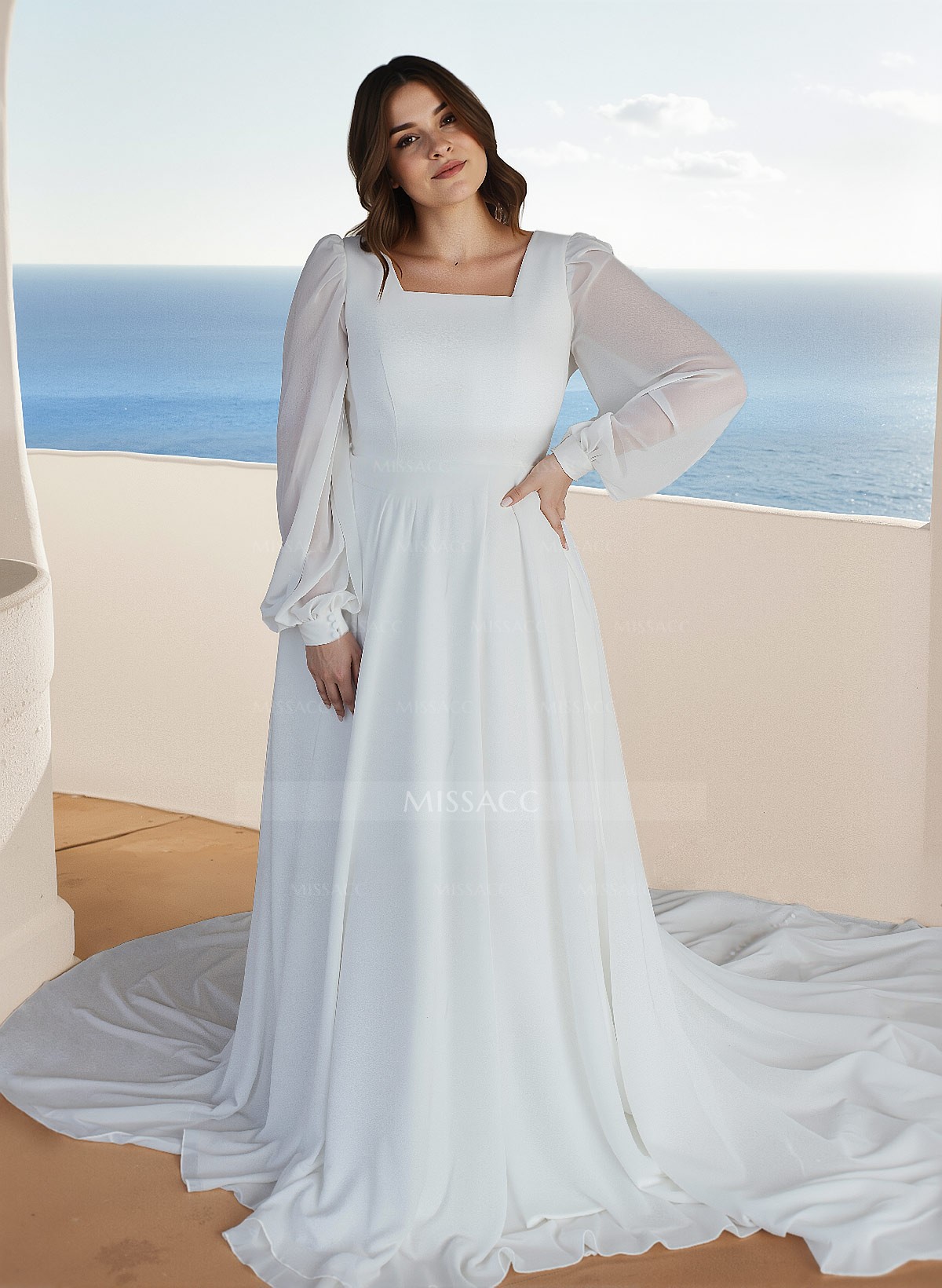 A-Line Square Neckline Chiffon(Non-Stretch) Plus Size Wedding Dress