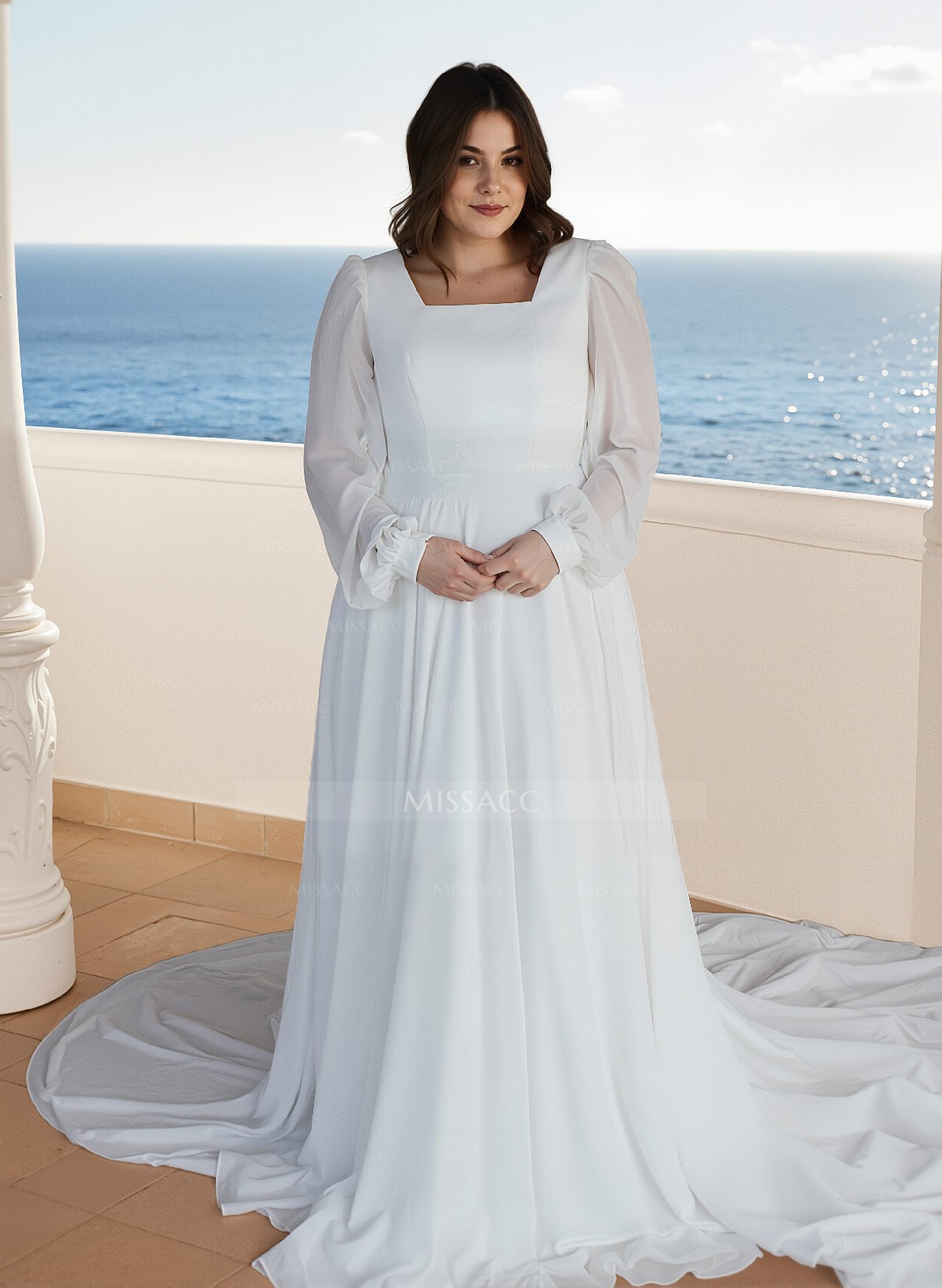 A-Line Square Neckline Chiffon(Non-Stretch) Plus Size Wedding Dress