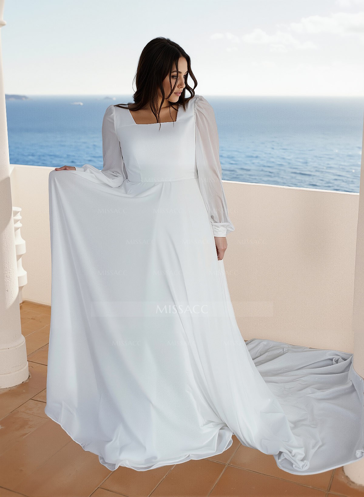 A-Line Square Neckline Chiffon(Non-Stretch) Plus Size Wedding Dress