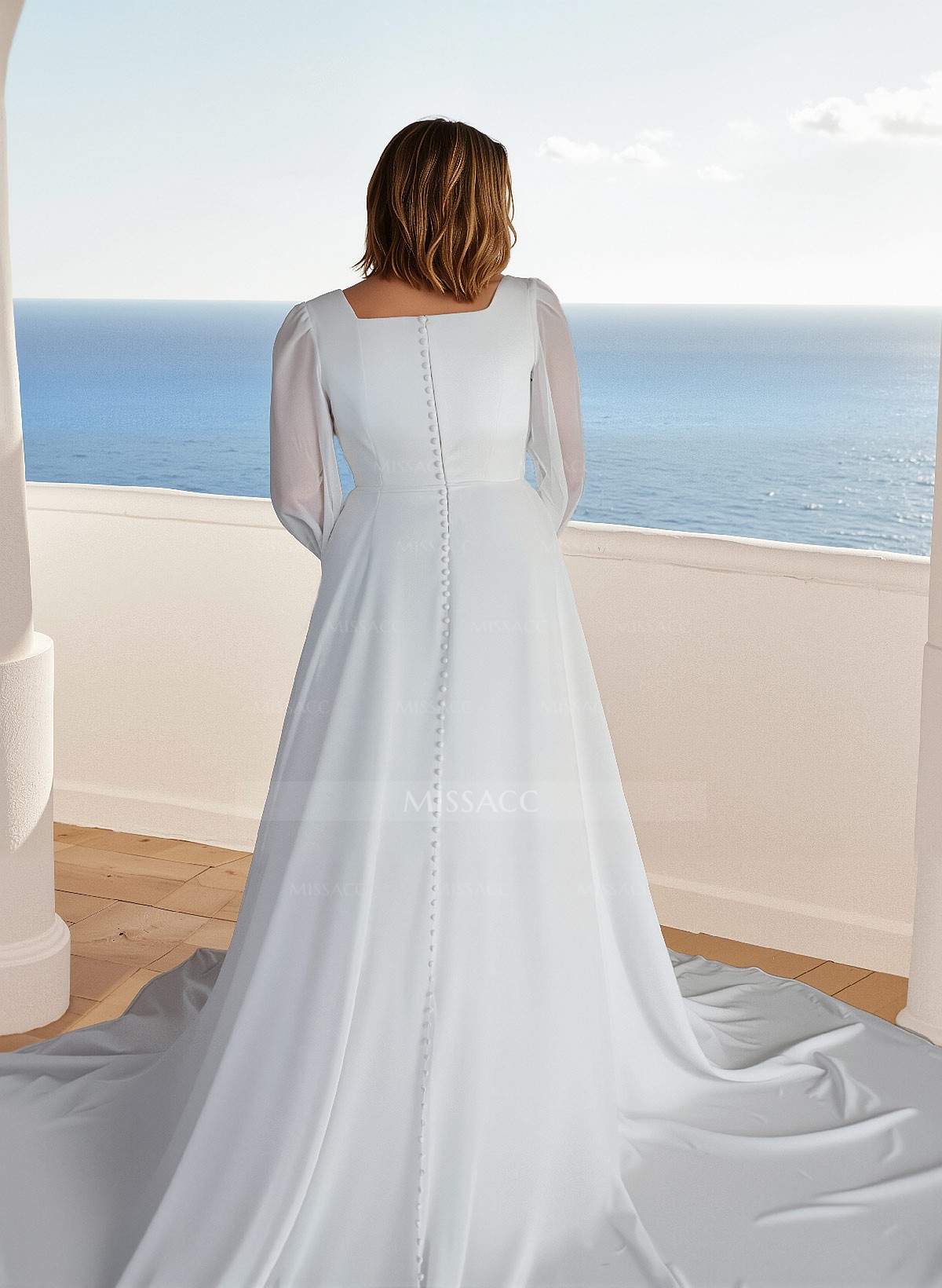 A-Line Square Neckline Chiffon(Non-Stretch) Plus Size Wedding Dress