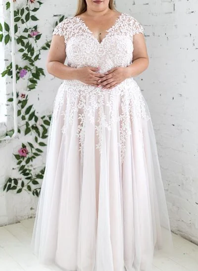 A-Line V-Neck Sleeveless Tulle(Non-Stretch) Plus Size Wedding Dress With Appliques Lace