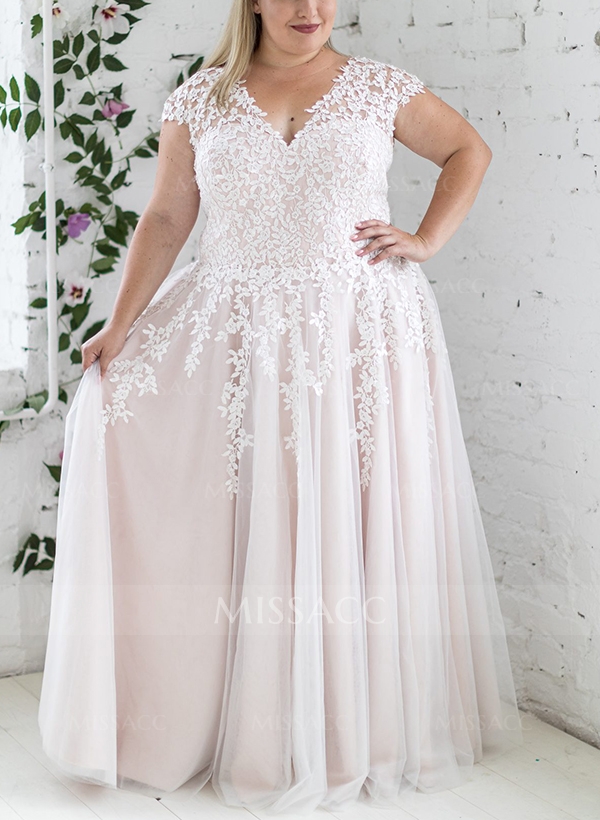 A-Line V-Neck Sleeveless Tulle(Non-Stretch) Plus Size Wedding Dress With Appliques Lace