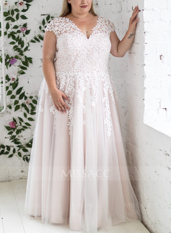 A-Line V-Neck Sleeveless Tulle(Non-Stretch) Plus Size Wedding Dress With Appliques Lace