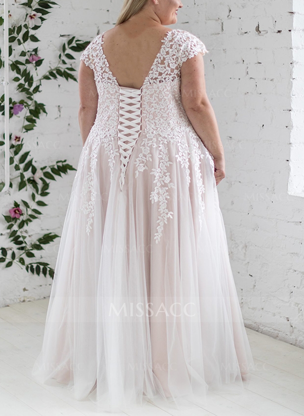 A-Line V-Neck Sleeveless Tulle(Non-Stretch) Plus Size Wedding Dress With Appliques Lace