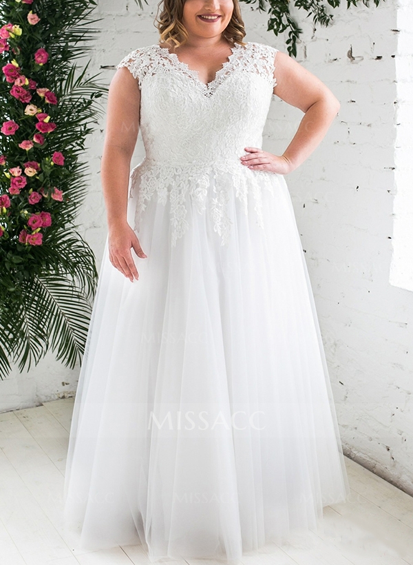 A-Line V-Neck Sleeveless Tulle(Non-Stretch) Plus Size Wedding Dress With Appliques Lace