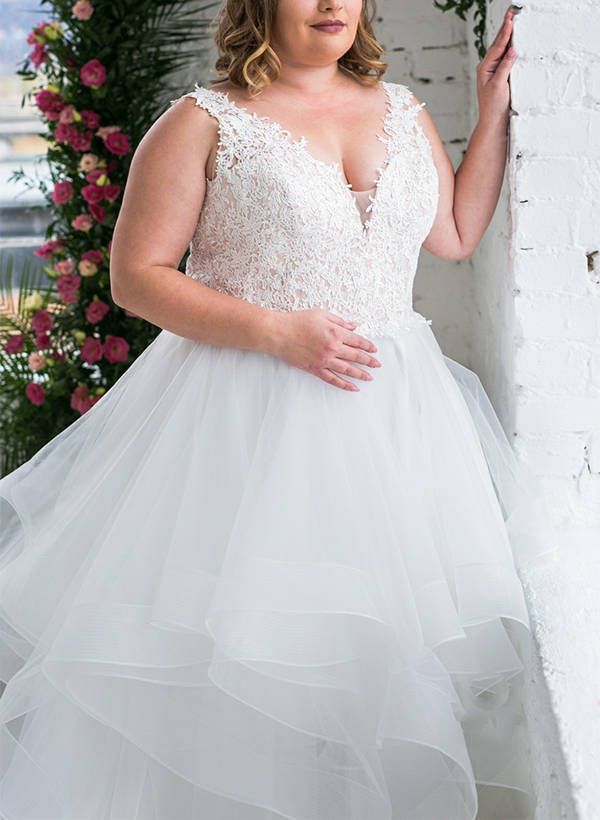 A-Line V-Neck Sleeveless Tulle(Non-Stretch) Plus Size Wedding Dress With Appliques Lace