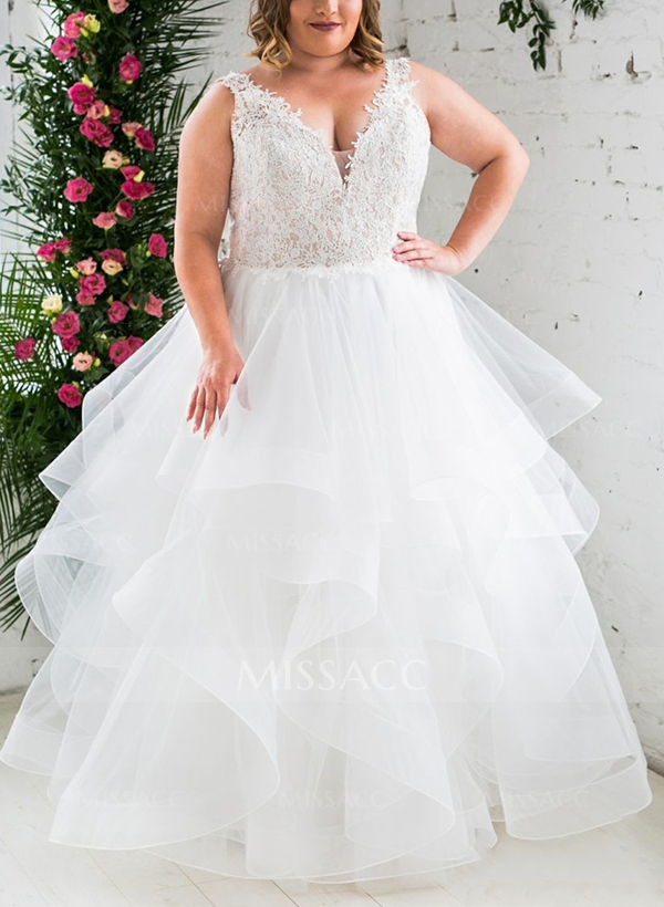 A-Line V-Neck Sleeveless Tulle(Non-Stretch) Plus Size Wedding Dress With Appliques Lace