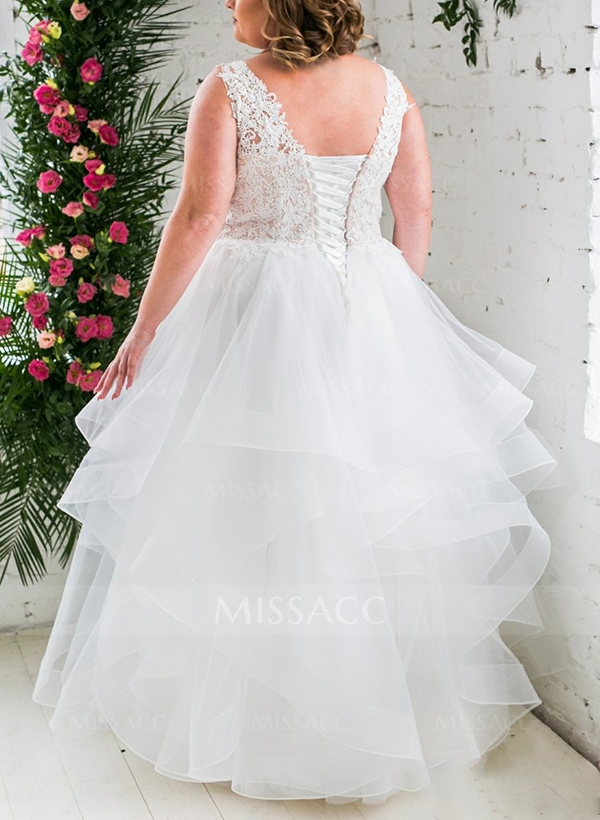 A-Line V-Neck Sleeveless Tulle(Non-Stretch) Plus Size Wedding Dress With Appliques Lace