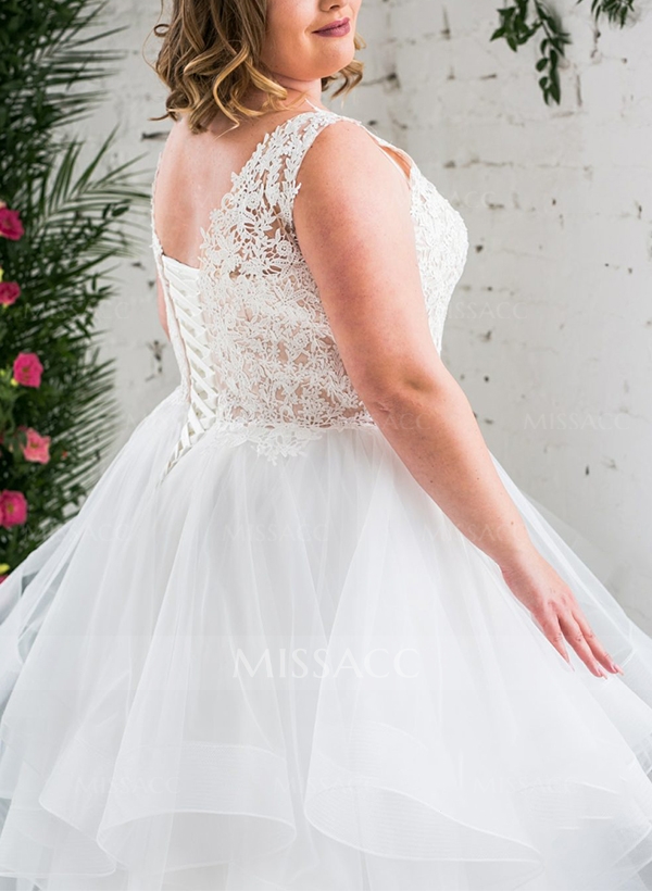 A-Line V-Neck Sleeveless Tulle(Non-Stretch) Plus Size Wedding Dress With Appliques Lace