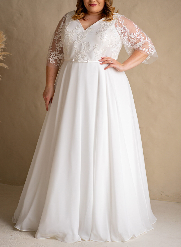 A-Line V-Neck Chiffon(Non-Stretch) Plus Size Wedding Dress With Appliques Lace