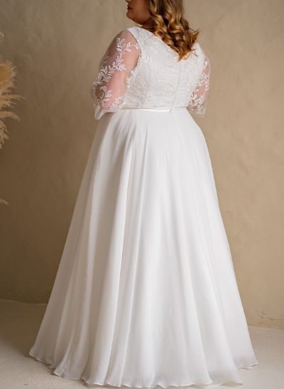 A-Line V-Neck Chiffon(Non-Stretch) Plus Size Wedding Dress With Appliques Lace