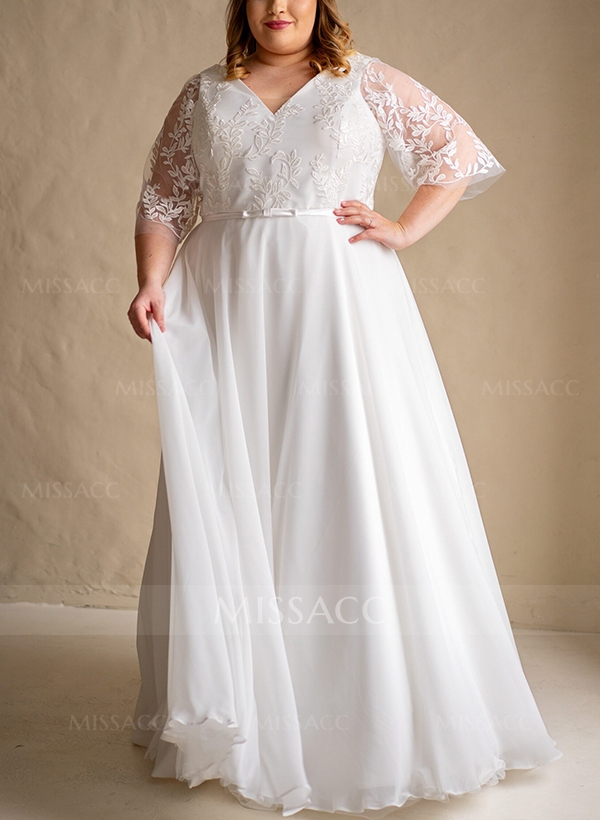 A-Line V-Neck Chiffon(Non-Stretch) Plus Size Wedding Dress With Appliques Lace