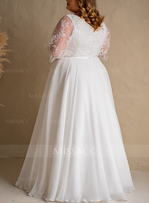 A-Line V-Neck Chiffon(Non-Stretch) Plus Size Wedding Dress With Appliques Lace