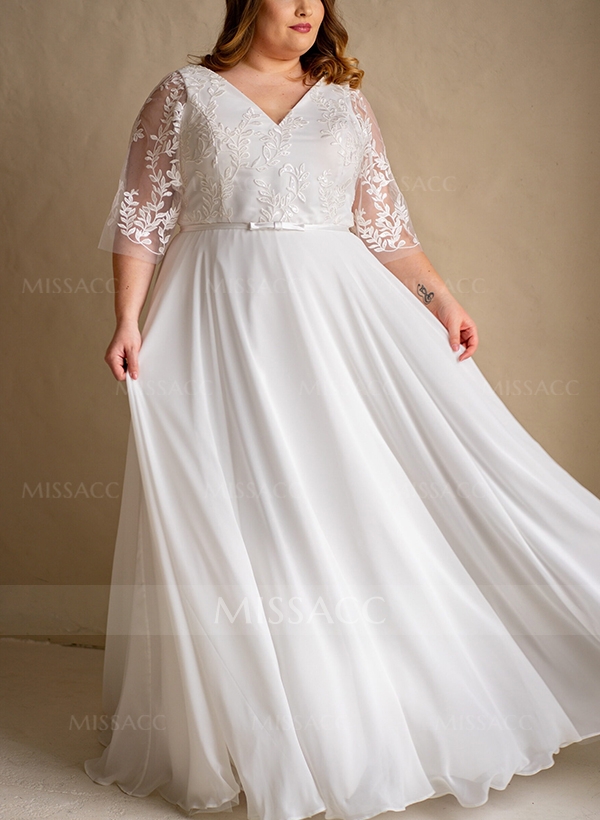 A-Line V-Neck Chiffon(Non-Stretch) Plus Size Wedding Dress With Appliques Lace