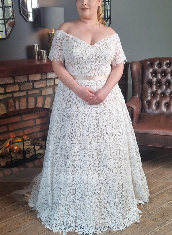 A-Line Off-The-Shoulder Short Sleeves Sweep Train Lace(Non-Stretch) Plus Size Wedding Dress