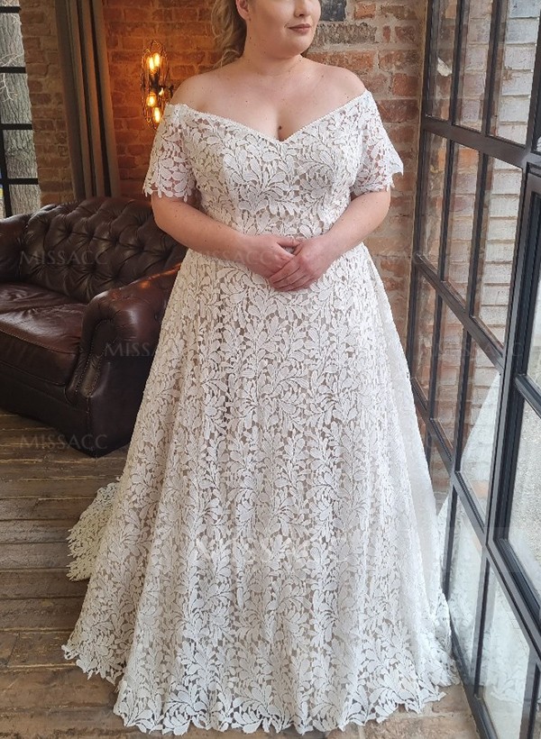 A-Line Off-The-Shoulder Short Sleeves Sweep Train Lace(Non-Stretch) Plus Size Wedding Dress