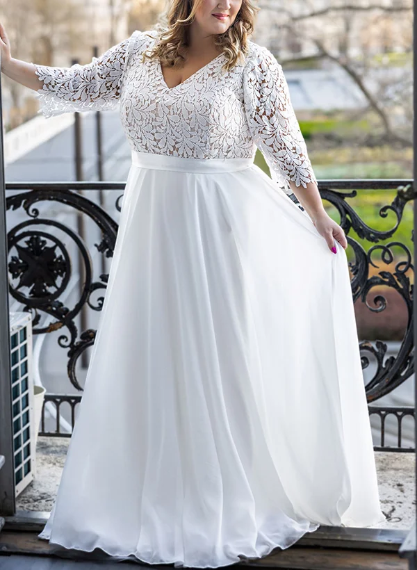 A-Line V-Neck Lace(Non-Stretch)/Chiffon(Non-Stretch) Plus Size Wedding Dress - Missacc A-Line V-Neck Lace(Non-Stretch)/Chiffon(Non-Stretch) Plus Size Wedding Dress - Missacc