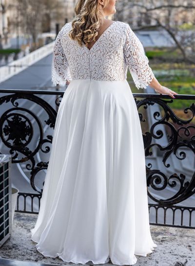 A-Line V-Neck Lace(Non-Stretch)/Chiffon(Non-Stretch) Plus Size Wedding Dress