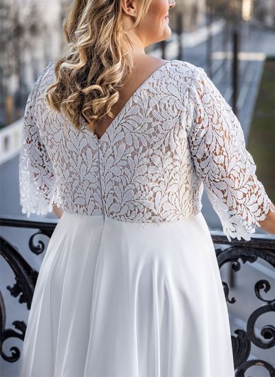 A-Line V-Neck Lace(Non-Stretch)/Chiffon(Non-Stretch) Plus Size Wedding Dress