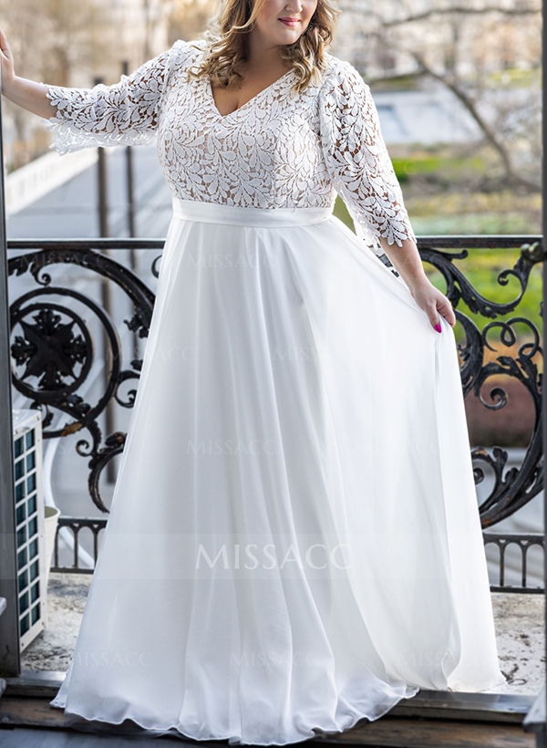 A-Line V-Neck Lace(Non-Stretch)/Chiffon(Non-Stretch) Plus Size Wedding Dress