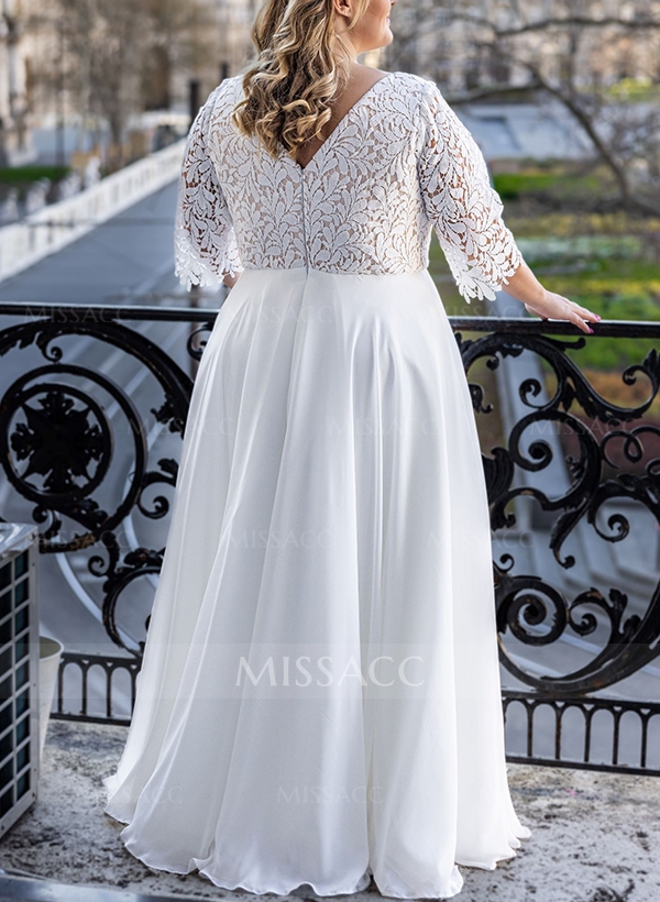 A-Line V-Neck Lace(Non-Stretch)/Chiffon(Non-Stretch) Plus Size Wedding Dress