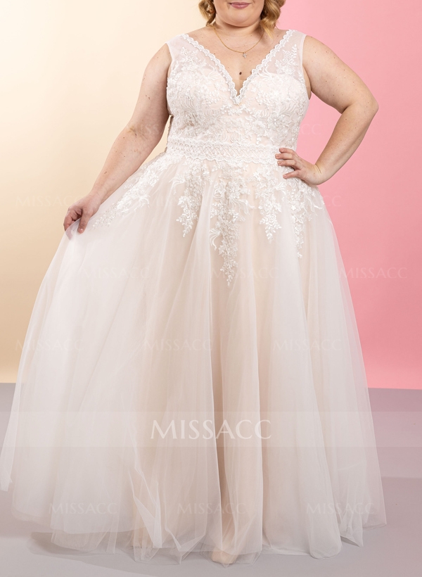 Plus Size A-Line V-Neck Sleeveless Floor-Length Tulle Wedding Dresses With Lace