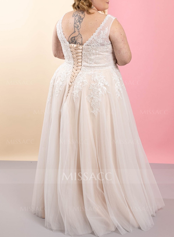 Plus Size A-Line V-Neck Sleeveless Floor-Length Tulle Wedding Dresses With Lace