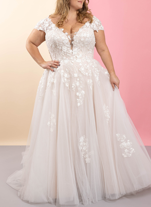 Plus Size A-Line Off-The-Shoulder Sweep Train Tulle Wedding Dresses With Lace