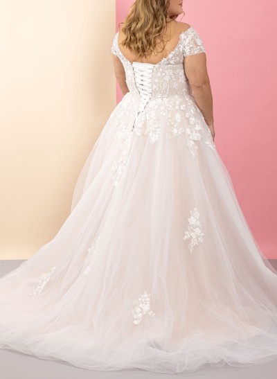 Plus Size A-Line Off-The-Shoulder Sweep Train Tulle Wedding Dresses With Lace