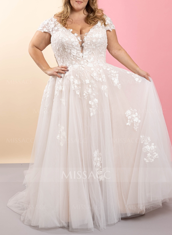 Plus Size A-Line Off-The-Shoulder Sweep Train Tulle Wedding Dresses With Lace