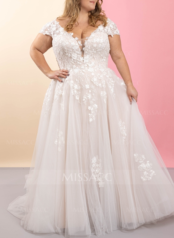 Plus Size A-Line Off-The-Shoulder Sweep Train Tulle Wedding Dresses With Lace