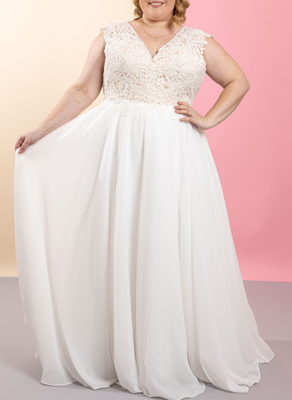 Plus Size A-Line V-Neck Floor-Length Chiffon Wedding Dresses With Lace