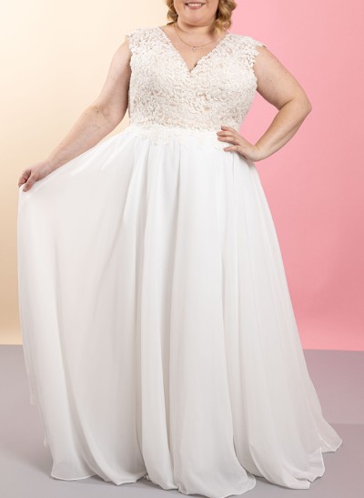 Plus Size A-Line V-Neck Floor-Length Chiffon Wedding Dresses With Lace