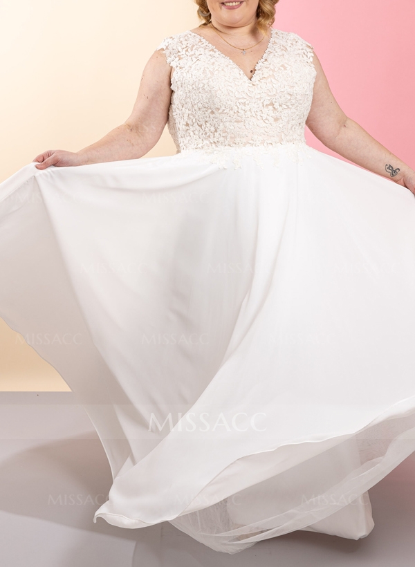 Plus Size A-Line V-Neck Floor-Length Chiffon Wedding Dresses With Lace