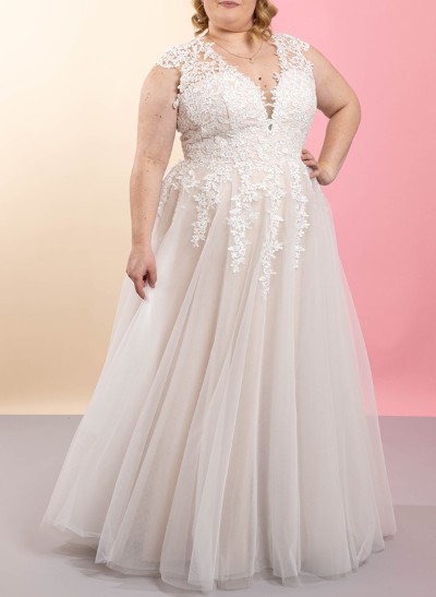 Plus Size A-Line V-Neck Floor-Length Tulle Wedding Dresses With Appliques Lace
